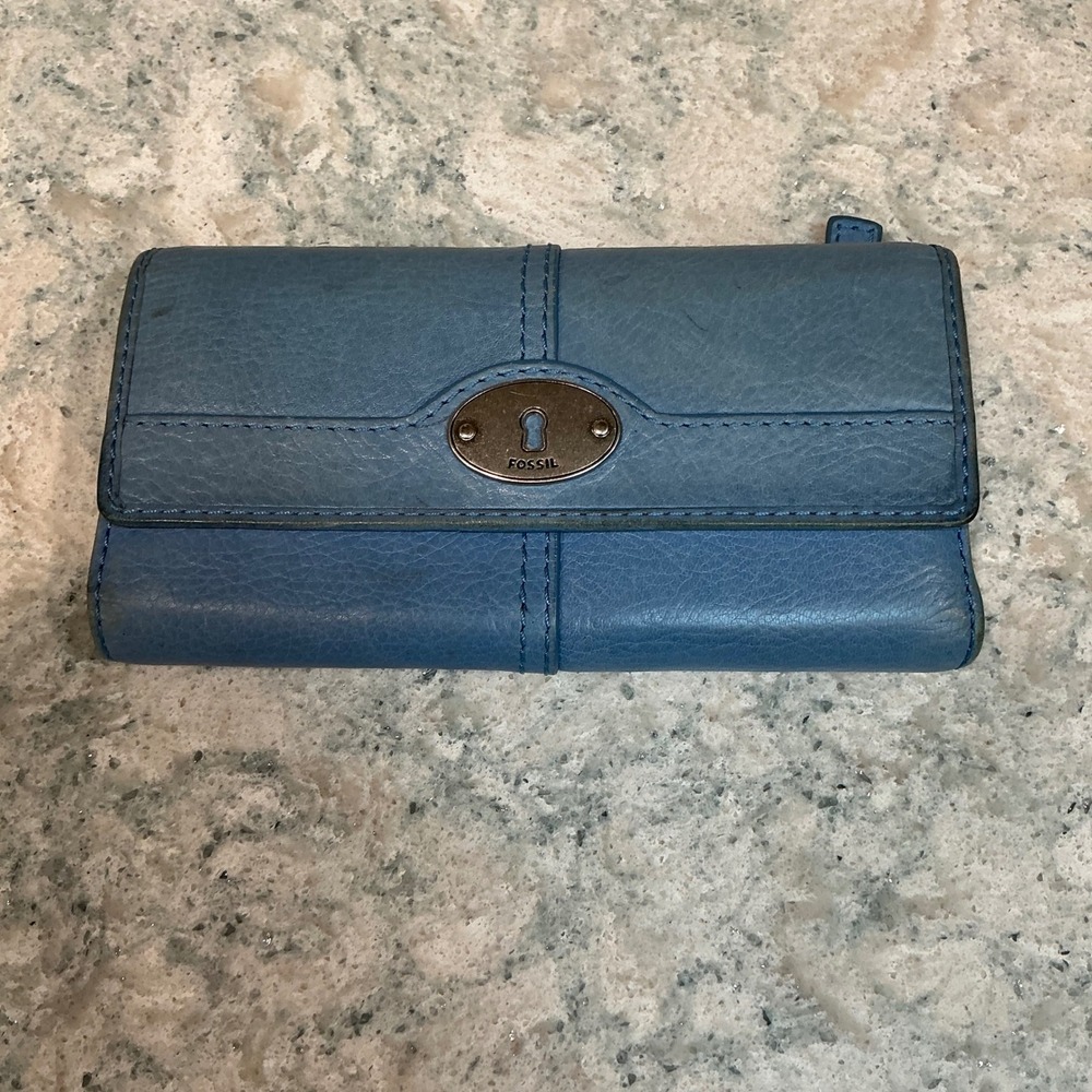Fossil Wallet SL3291 OS Blue Leather Trifold Clutch Organizer Snap Closure